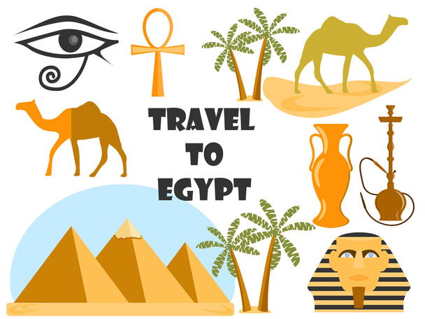 Ταξιδέψει στην Αίγυπτο. Σύμβολα της Αιγύπτου. Τουρισμού και περιπέτεια. - Διάνυσμα, εικόνα