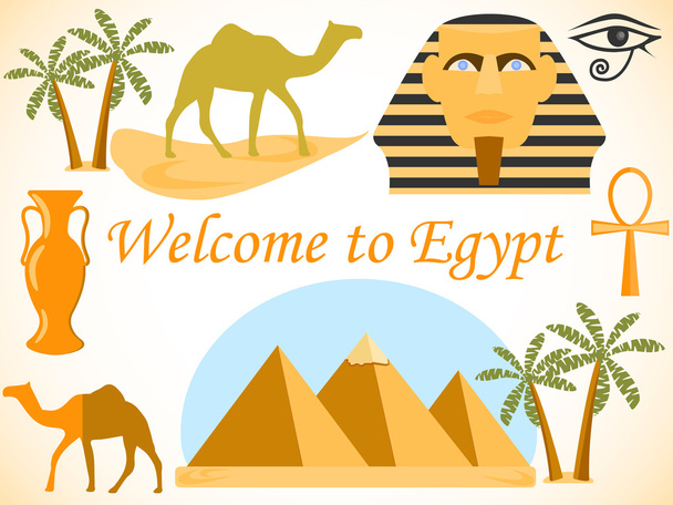 エジプトへようこそ。エジプトのシンボル。観光と冒険. - ベクター画像