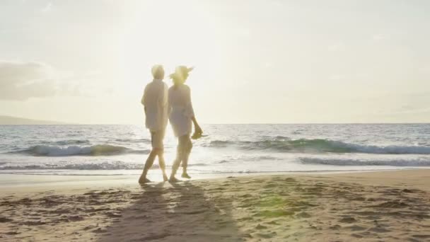 Sunset walk na luksusowej plaży. Starsza para trzyma ręce i spacery w dół plaży o zachodzie słońca uzyskiwanie ich stopy mokre - Materiał filmowy, wideo