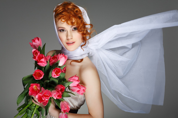 Portrait beautiful redheaded girl in retro style - Zdjęcie, obraz