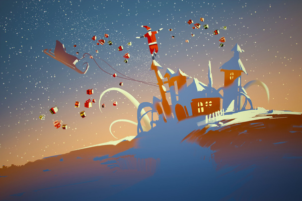 Santa Claus balansując na domy fantasy - Zdjęcie, obraz