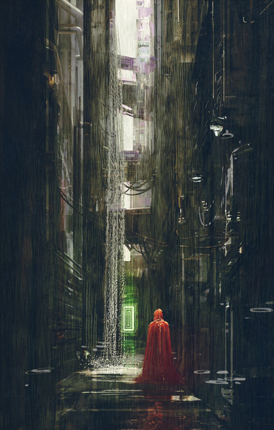 Chapeuzinho vermelho no beco futurista, cena de ficção científica, ilustração
 - Foto, Imagem