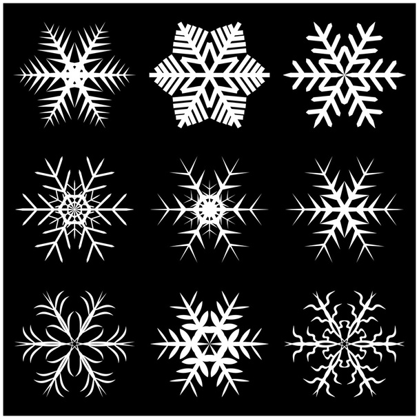 Weihnachten Schneeflocke, gefrorene Flocken Silhouette Symbol, Symbol, Design. Winter, Kristallvektordarstellung isoliert auf schwarzem Hintergrund. - Vektor, Bild