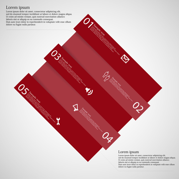 Plantilla infográfica con rombo dividido en askew a cinco partes rojas
 - Vector, Imagen