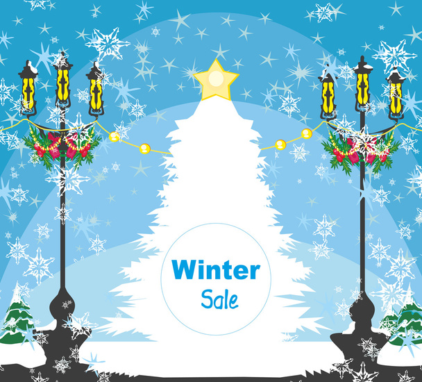 χειμερινή κάρτα πώλησης - λευκό χριστουγεννιάτικο δέντρο σε μια χιονισμένη ημέρα - Διάνυσμα, εικόνα
