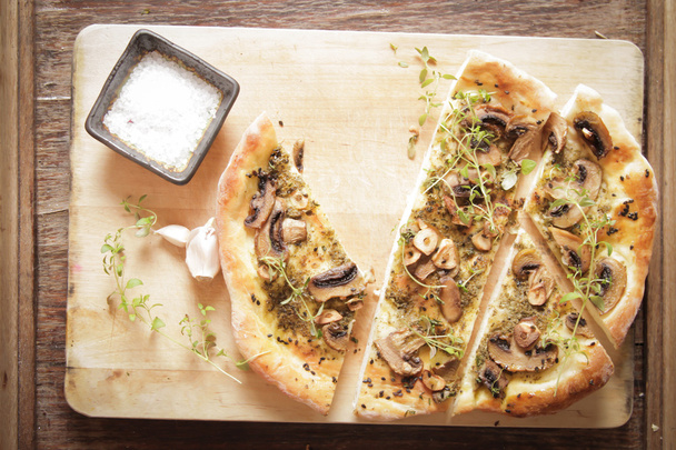 homemade Italian pizza with mushrooms and pesto - Fotoğraf, Görsel