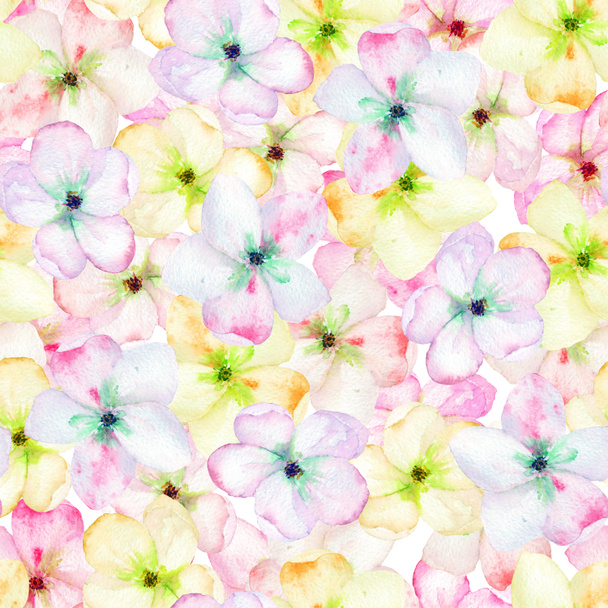 A seamless floral pattern with the tender pink apple tree blooming flowers, painted in a watercolor - Photo, Image