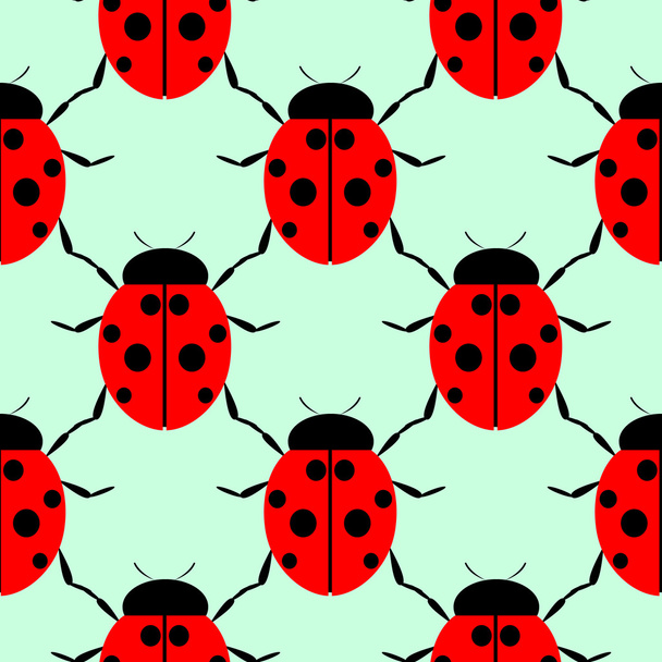 Seamless vector pattern with insects, symmetrical background with bright close-up ladybugs, over light green backdrop - Vektor, Bild