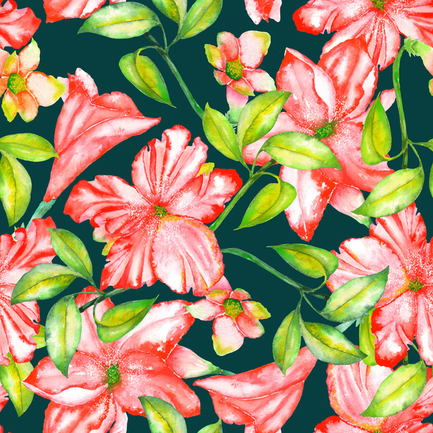 A seamless pattern with the watercolor red exotic flowers, hibiscus - Fotoğraf, Görsel