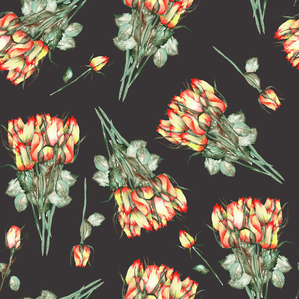 A seamless pattern with the watercolor beautiful bouquets of the red and yellow roses on a black background - Fotó, kép
