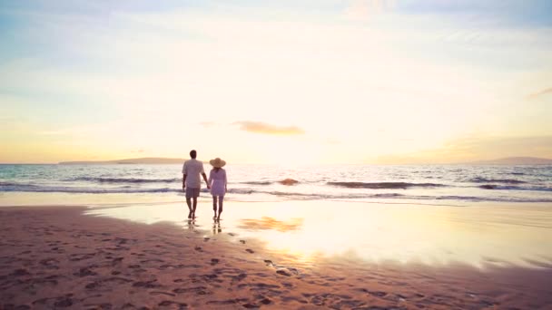 Nyugdíj pihenés luxus trópusi tengerparton naplementekor. Idősebb pár tartja a kezét a lába nedves egyre - Felvétel, videó