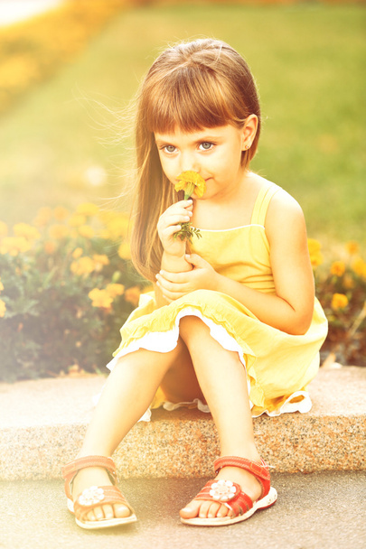 Little girl with flowers   - Фото, зображення