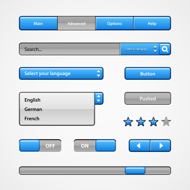 Clean Light Blue User Interface Controls. Web Elements. Website, Software UI: Buttons, Switchers, Slider, Arrows, Drop-down - Вектор, зображення