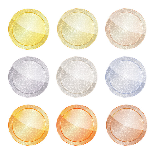 Vector set of polished round shiny disks from platinum, gold, red gold, silver, bronze, copper, aluminum, which can be used as medals, coins, buttons or signs - Vektori, kuva