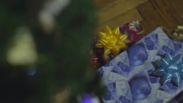Dziewczyna się prezent pod drzewo Cristmass - Materiał filmowy, wideo
