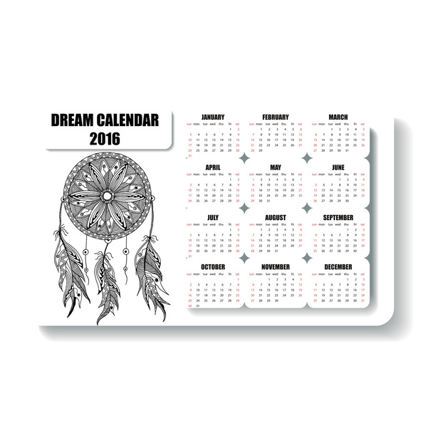 monochrome horizontal calendar  of dream catcher with feathers - Vektor, kép