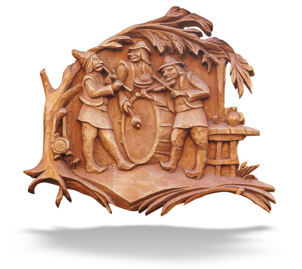 Старий коричневий дерев'яний басовий рельєф з музикантами ізольовані над білим
 - Фото, зображення
