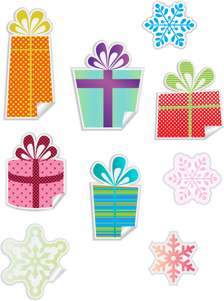 Красочные подарки и наклейки на снежинки
 - Вектор,изображение