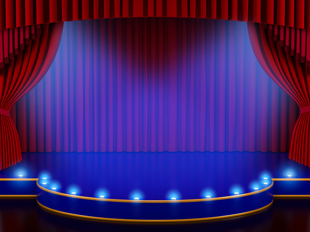 Scène vide avec rideau rouge et lumières de volume (rendu 3d
) - Photo, image