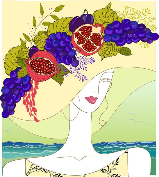 Gyümölcs-terhelt kalapot visel a gyönyörű nő - Vektor, kép
