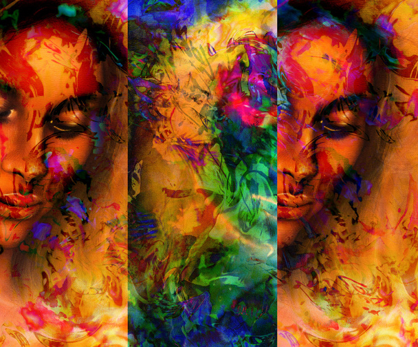 Goddess woman, with ornamental face, and color abstract background. meditative closed eyes. - Fotó, kép