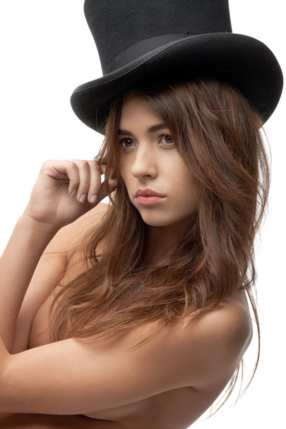 Beautiful topless woman in top hat - Fotografie, Obrázek