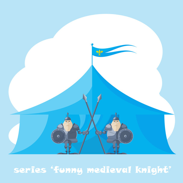 Verzameling van vector vormen grappige middeleeuwse ridder met een speer en schild in de achtergrond van de handen op tent geïsoleerd op witte achtergrond - Vector, afbeelding