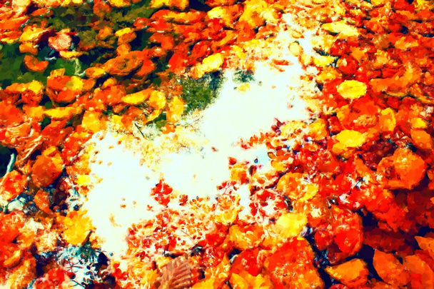 Watercolor paint. Paint effect. Fallen red beech leves  in water of mountain river, first leaves bellow water level - Photo, Image