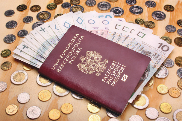 Polnischer Pass und Geldmünzen - Foto, Bild