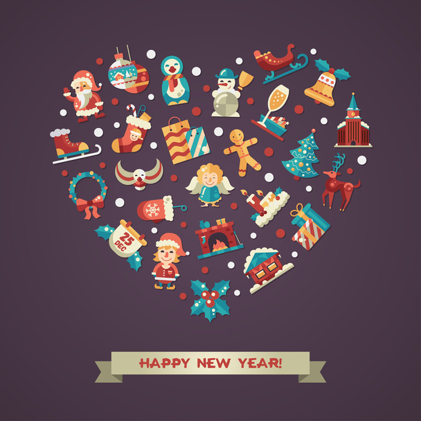 Set of Christmas and Happy New Year flat design icons - Wektor, obraz