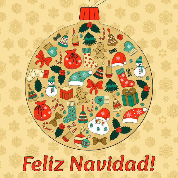 Karácsonyi golyó üdvözlés kártya-val szöveg boldog karácsonyt, spanyol és sok téli doodles. Télapó, játékok, cookie-kat, hóembert, fenyő, cukorka, zokni, ajándékok, íjak, hópelyhek, csillagok, falevél, ujjatlan, stb. - Vektor, kép
