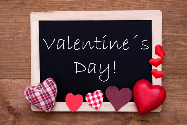 Blackboard With Red Textile Hearts, Text Valentines Day - Фото, зображення