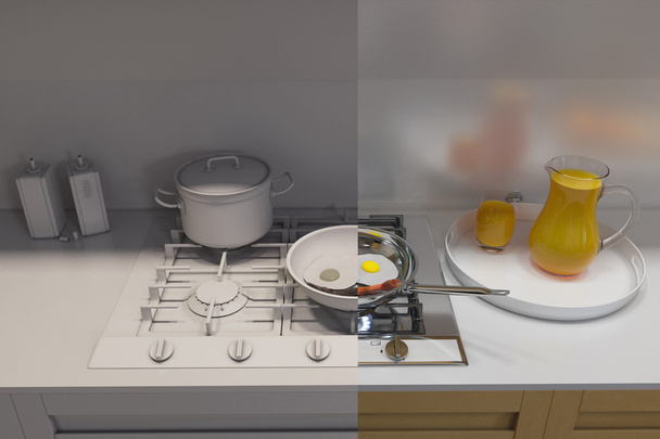 3D-Illustration der Küche mit Zubehör. Visualisierung ohne Shader und Texturen - Foto, Bild