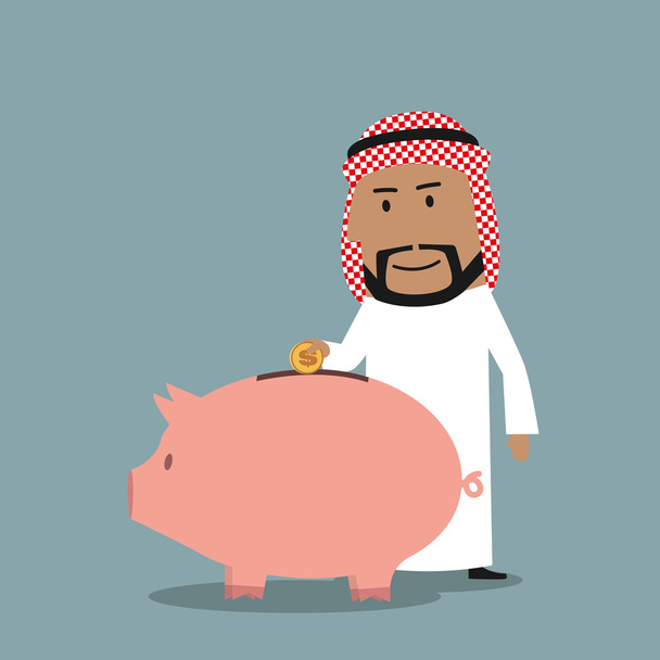 Arabi liikemies laittaa kolikon säästöpossu
 - Vektori, kuva