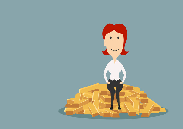 Erfolgreiche Geschäftsfrau sitzt auf Goldbarren - Vektor, Bild
