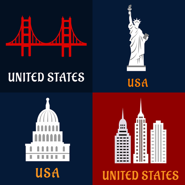 Estados Unidos hito y viajar iconos planos
  - Vector, Imagen