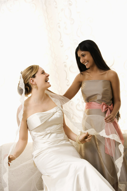 Bridesmaid holding bride's veil. - Foto, Bild