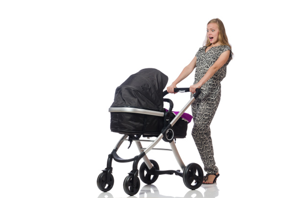 Щаслива мама зі своєю дитиною в колясці
 - Фото, зображення