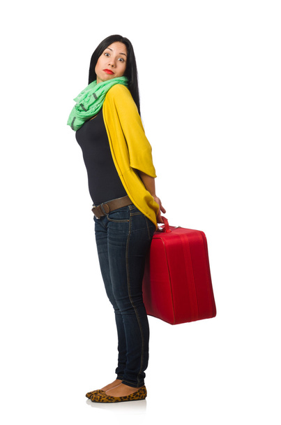 Woman with suitcases on white - Zdjęcie, obraz