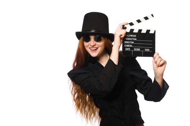 vrouw met film board geïsoleerd op wit - Foto, afbeelding
