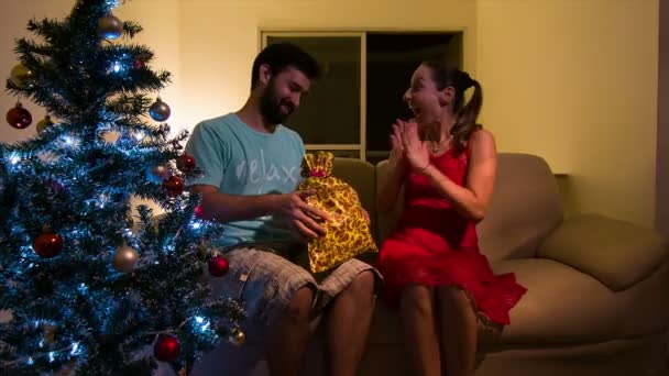 girl receiving gift from boyfriend - Filmati, video