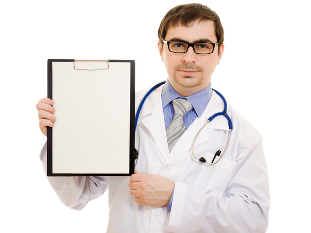 Male doctor with a blank sheet of paper on a white background. - Φωτογραφία, εικόνα