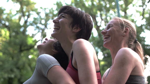 athletic  female friends group  celebrate finished run - Footage, Video