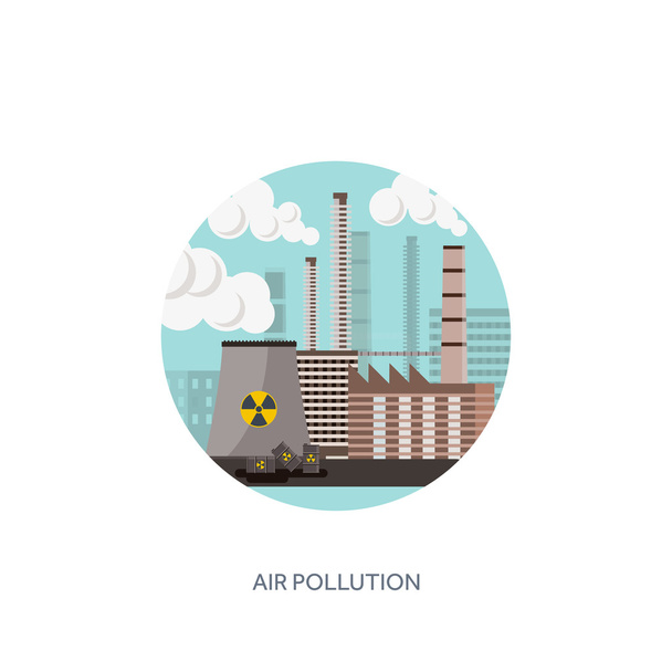 Vector illustration. Urbanisation, industrialisation. Industrial revolution. Pipe. Air pollution. Oil and gas, fuel. Ecology. - Vektör, Görsel