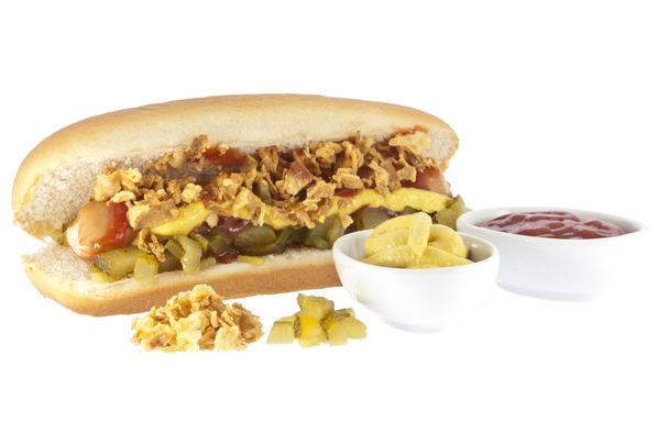 Hot Dog mit Soßen in Schüsseln) - Foto, Bild