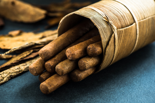 Cigares cubains dans la boîte traditionnelle de feuilles de palmier
 - Photo, image