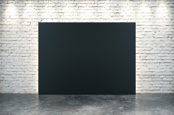 Big blank black canvas on concrete floor at white brick backgrou - Photo, Image