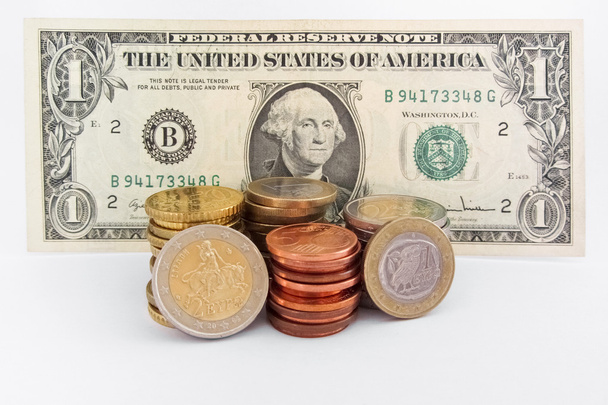 Jednego dolara, a greckie monety euro - Zdjęcie, obraz