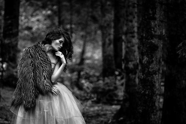 Portret van romantische vrouw in mooie jurk in bos - Foto, afbeelding