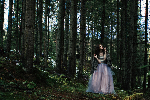 Portrait of romantic woman in beautiful dress in forest - Fotó, kép
